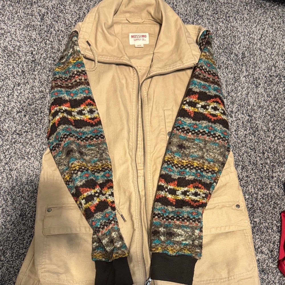 Mossimo Supply Co. Tan Pea Coat with Multicolor Sleeves
